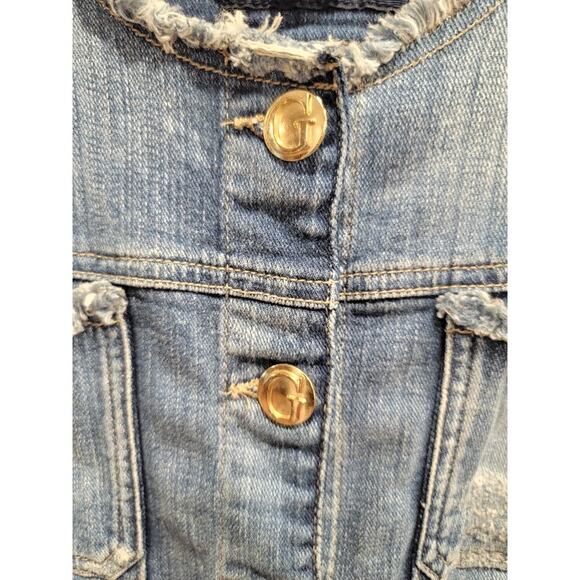 VTG GUESS Denim Jacket Women's Distressed Blue Sz M Gold Buttons Y2k Streetwear - Picture 5 of 12